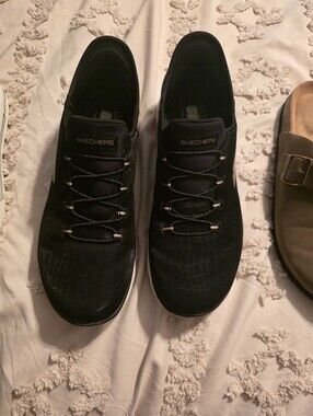 Skechers Black Slip In Lace-Style Sneakers with White Soles